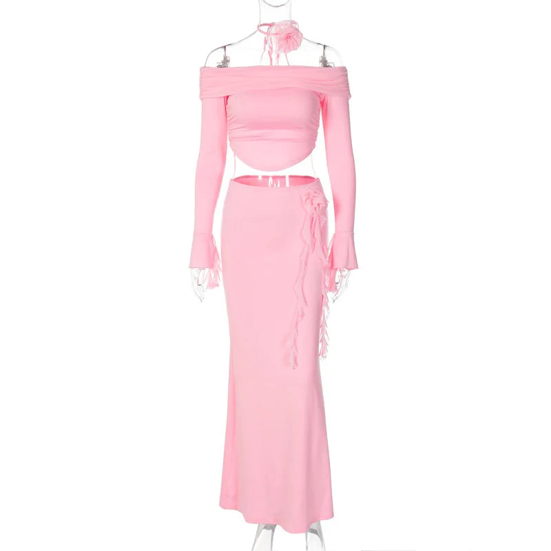 Off Shoulder Crop Top, Bodycon Maxi Skirt Set