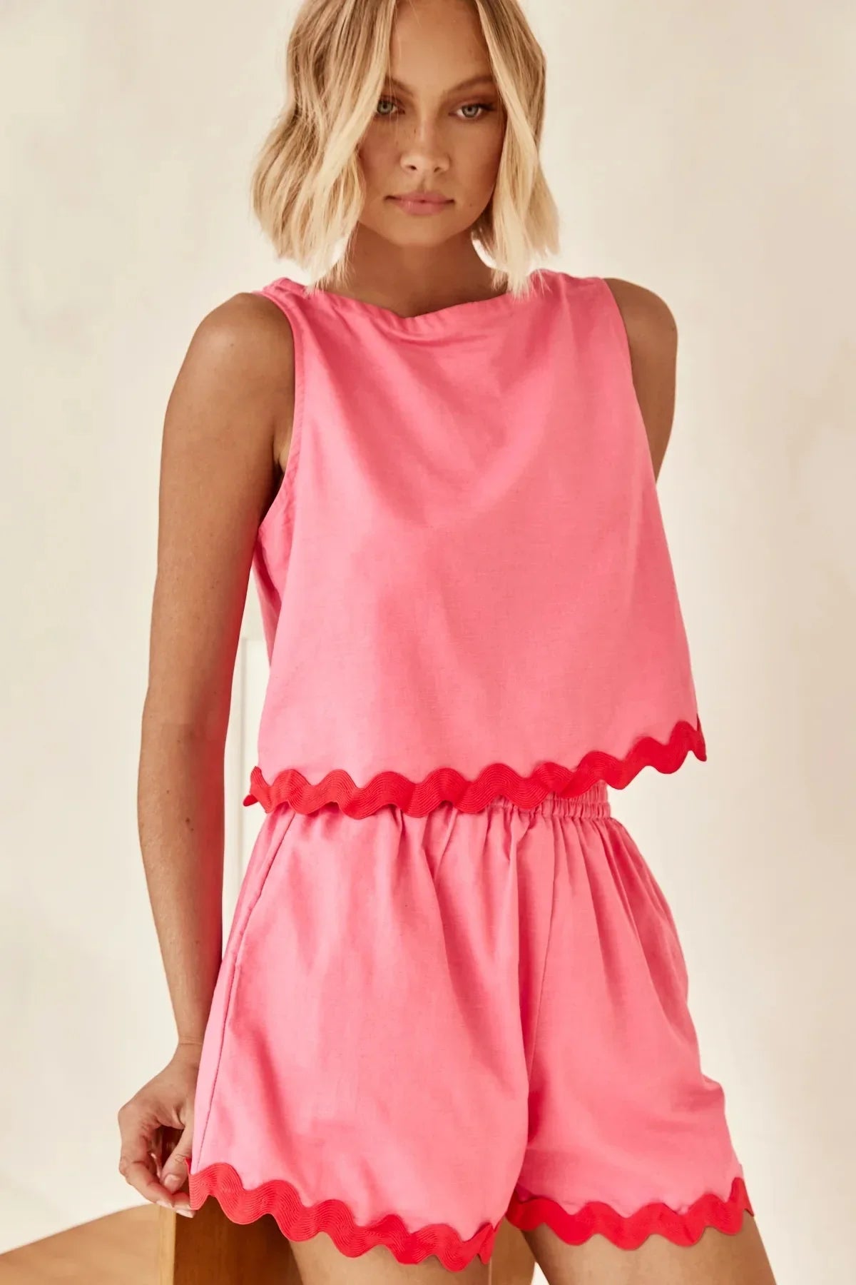 Wave Stripe Patchwork Tops High Waist Shorts Set