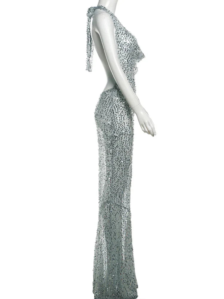 Sequins Crochet Halter Swinging Neck Long Dress