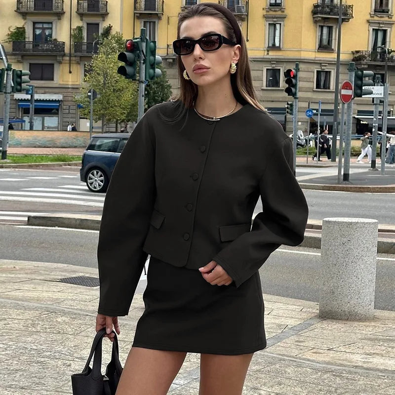 Round Neck Long Sleeve Jacket Mini Skirt Suit