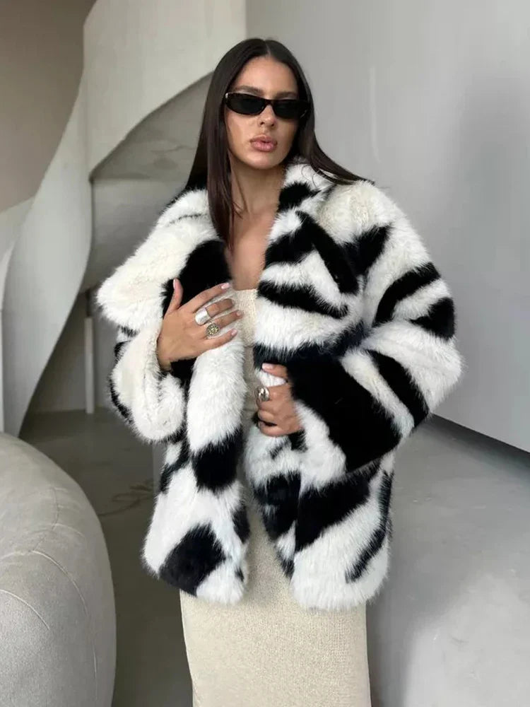 Large Lapel Pocket Zebra Print Thicken Fur Cardigan