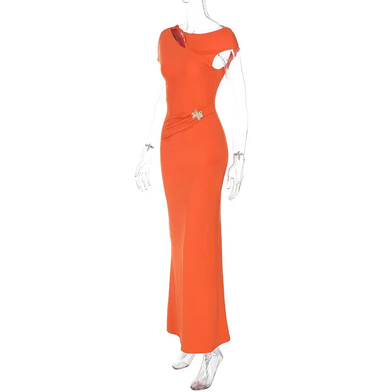 Hollow Out Metal Buckle Solid Short Sleeve Long Dress