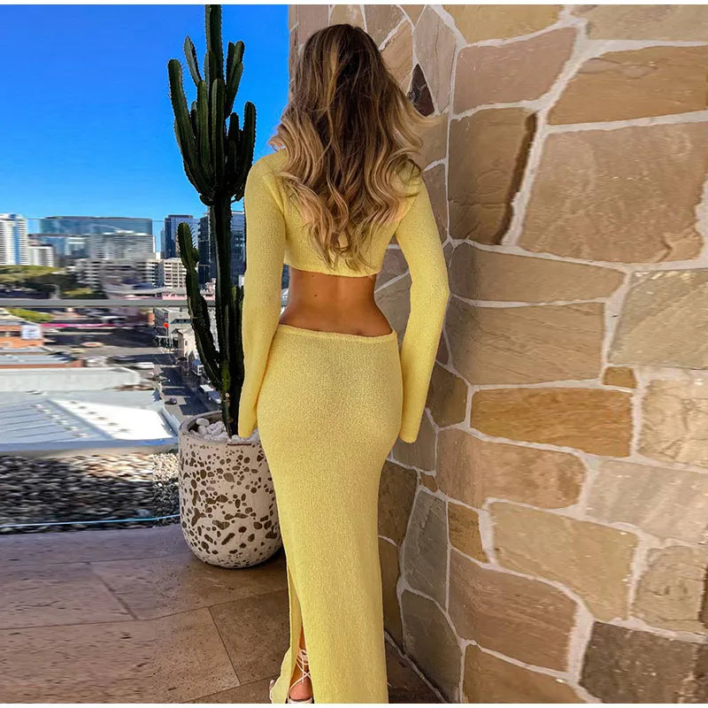 Knitted Hollow Out Solid O-neck Slit Maxi Dress