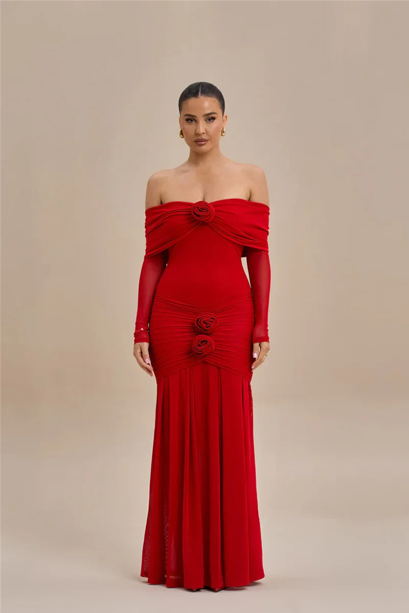 Off-shoulder Strapless Rose Long Sleeve Dress