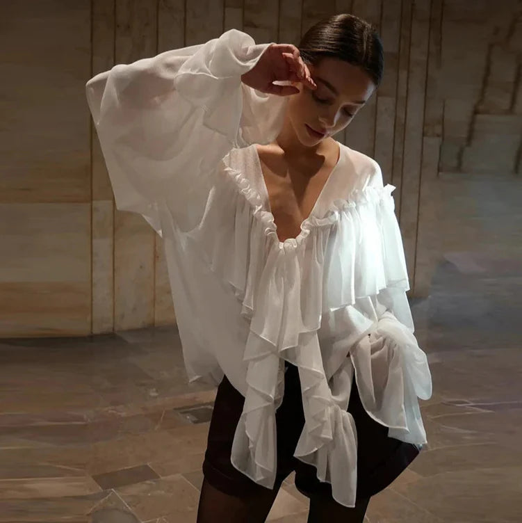 See Through Solid Long Sleeved Ruffles Tops