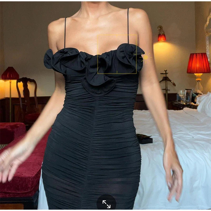 Sleeveless Black Ruffle Edge Bodycon Pleated Dress