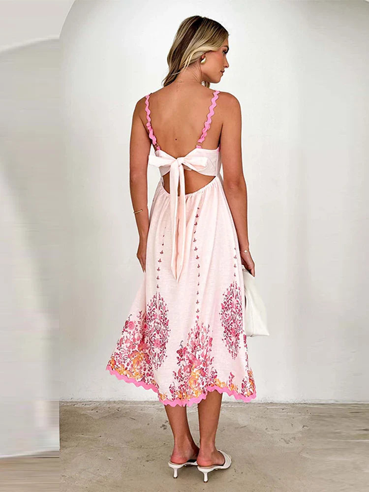 Square Collar Print Flower Sling Long Dress