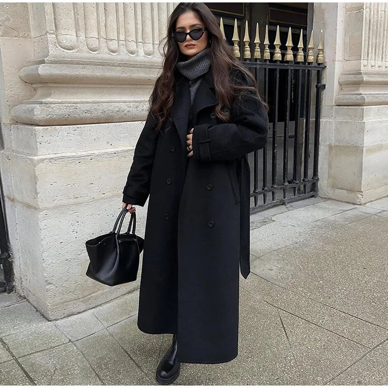 Wool Lace-Up Fur Lapel Thick Over Coat