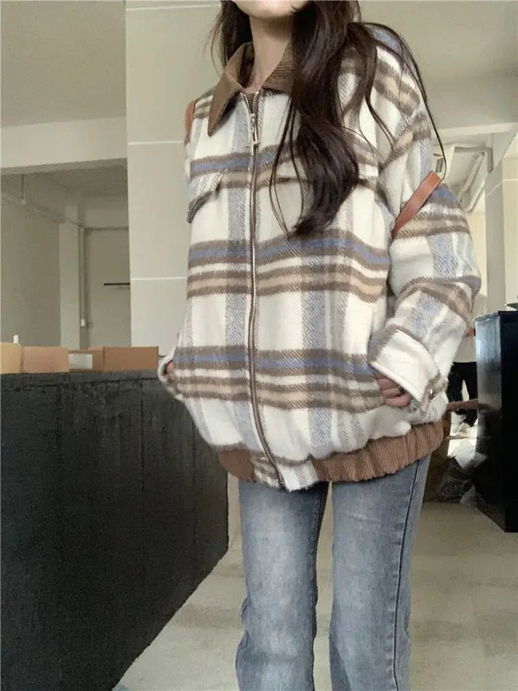 Plaid Turn-down Collar Loose Zipper Jacket