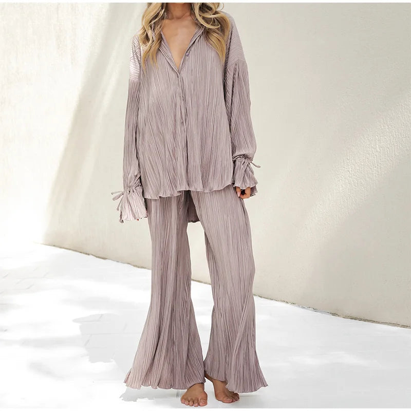 2 Piece Set Blouse Tops and Split Wide Leg Pants
