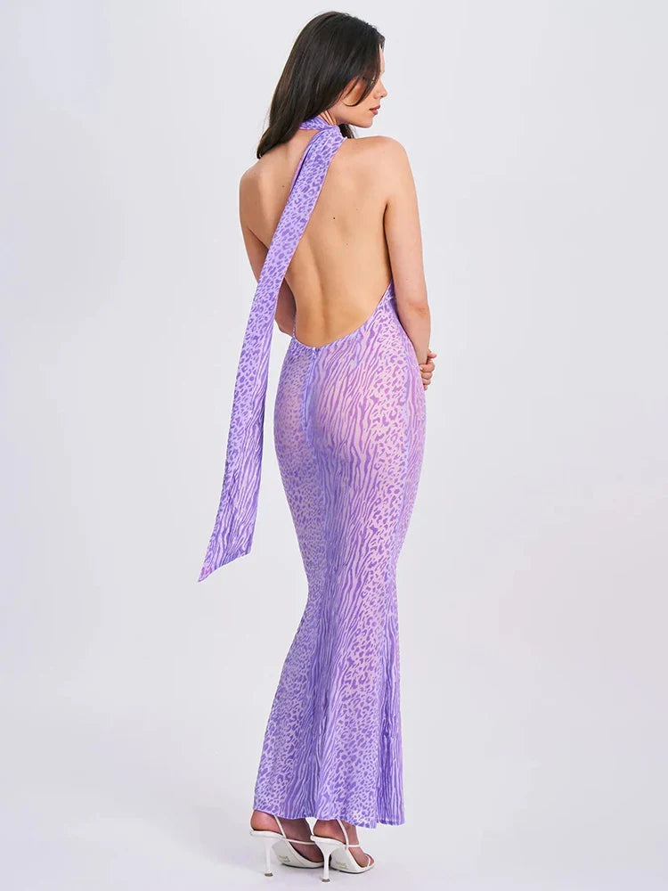 Purple Sheer Halter Draped Open Back Long Dress