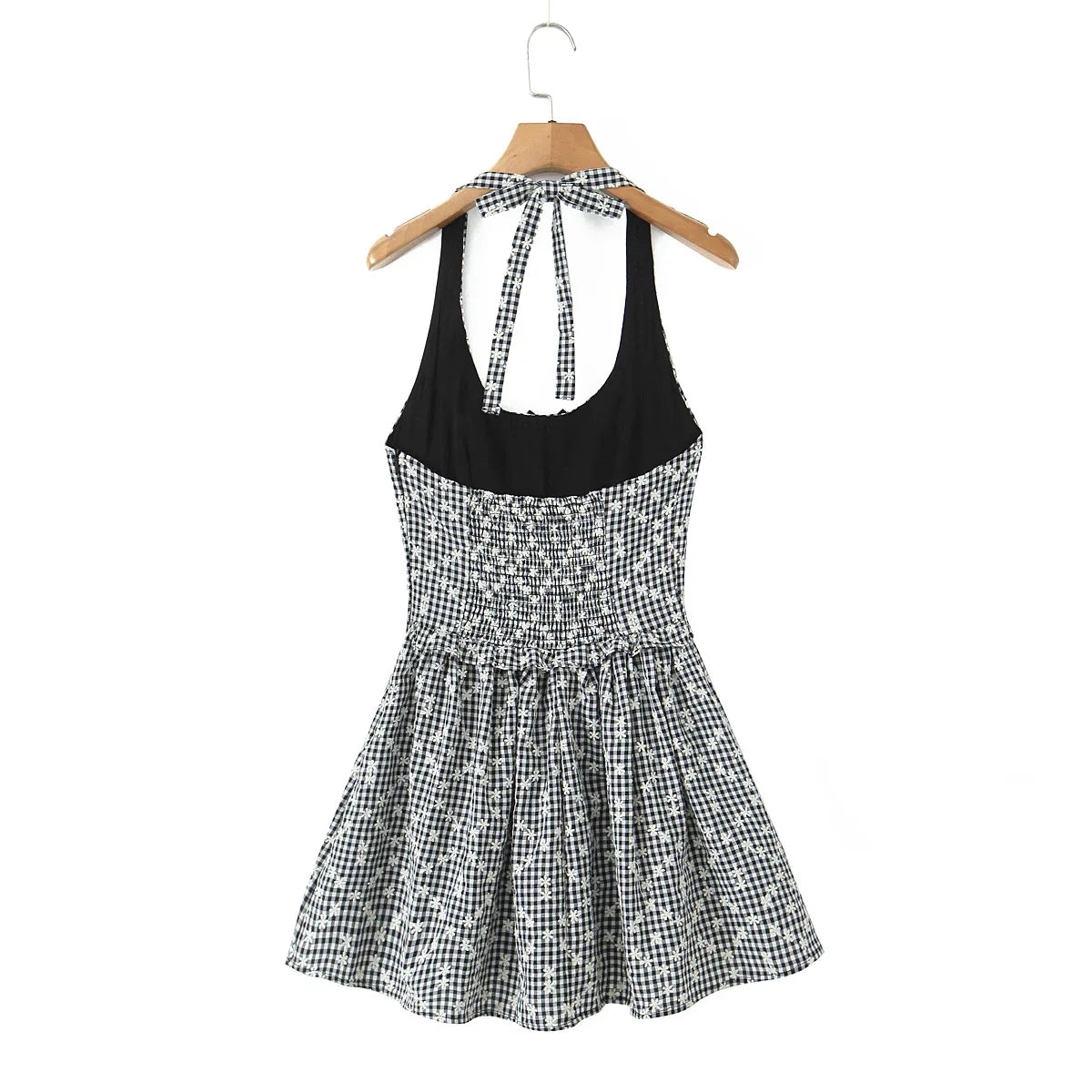 Gray Embroidery White Flower Bow Halter Mini Dress