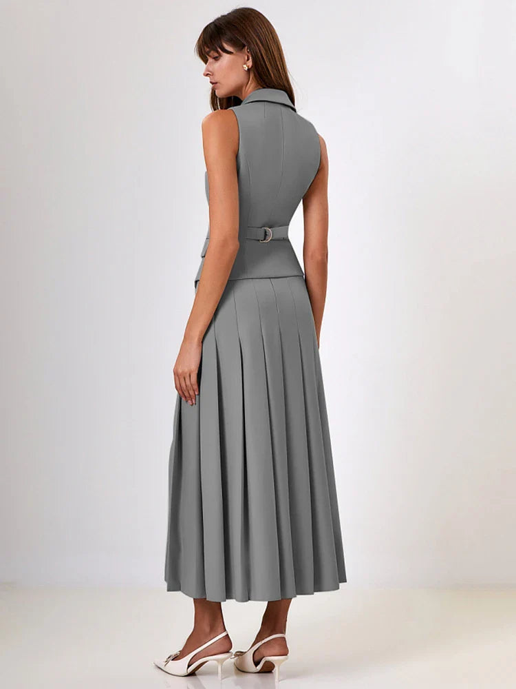 Notched Collar Pleated Skirt Suit Two Piece Sets