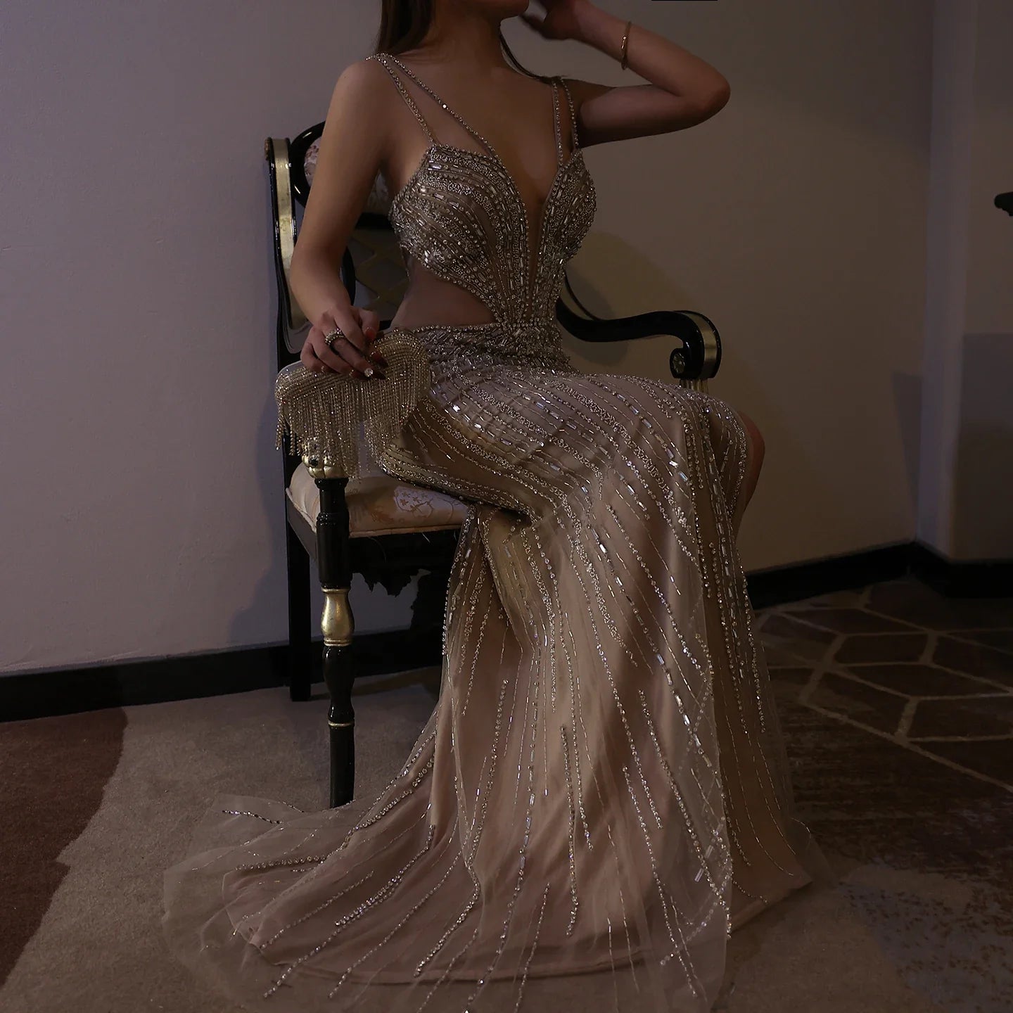 Blue Mermaid Evening Gown with High Slit