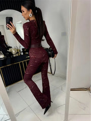 Lace Print Long Sleeve Two Layer Jumpsuits