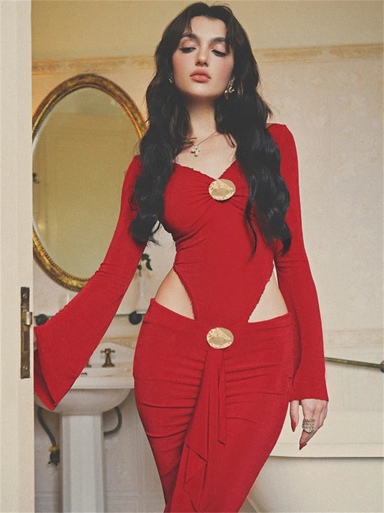 Metallic Patchwork Flared Sleeve Bodysuit Midi Skirt Set