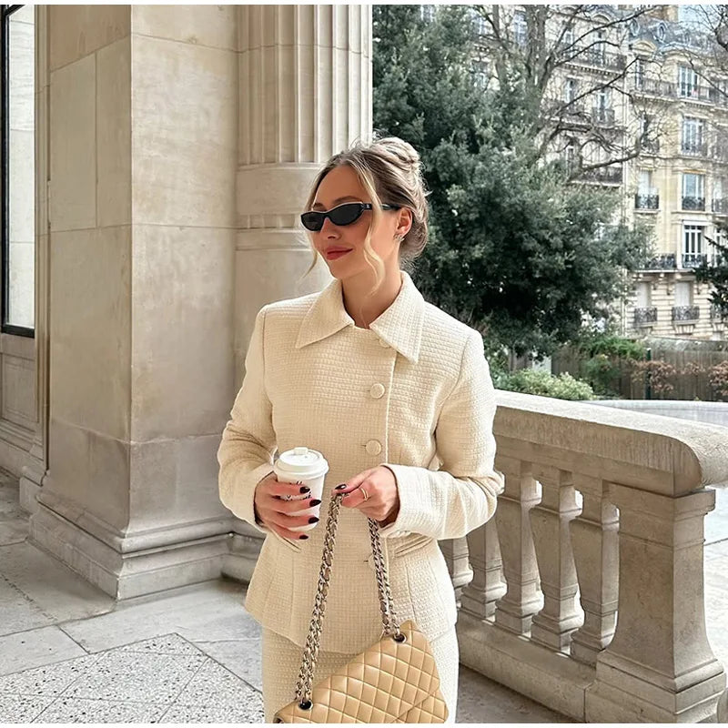 Solid Stand Collar Jackets and Skirts Suit