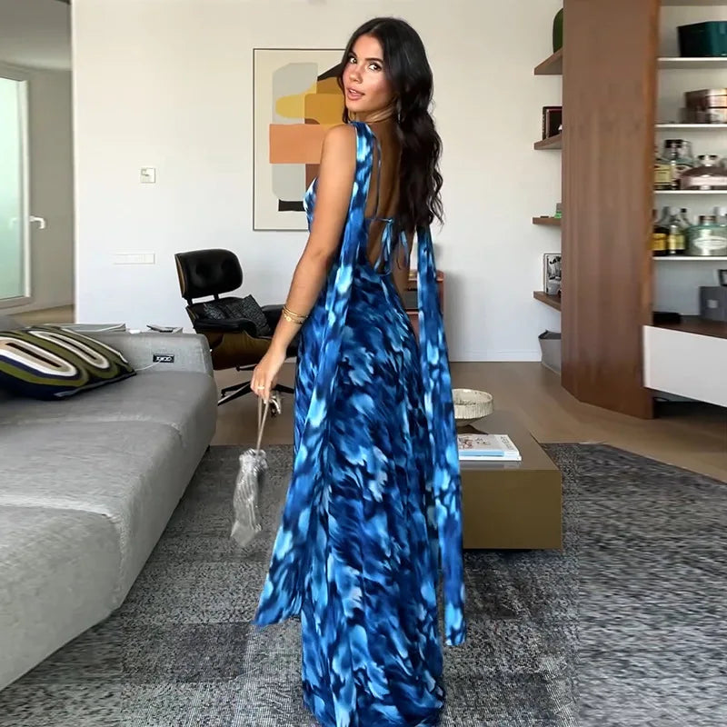 Halter Backless Blue Printed Lace-up Long Dress