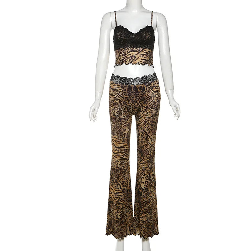Leopard Print Two-Piece Cami Flare Pantsuit