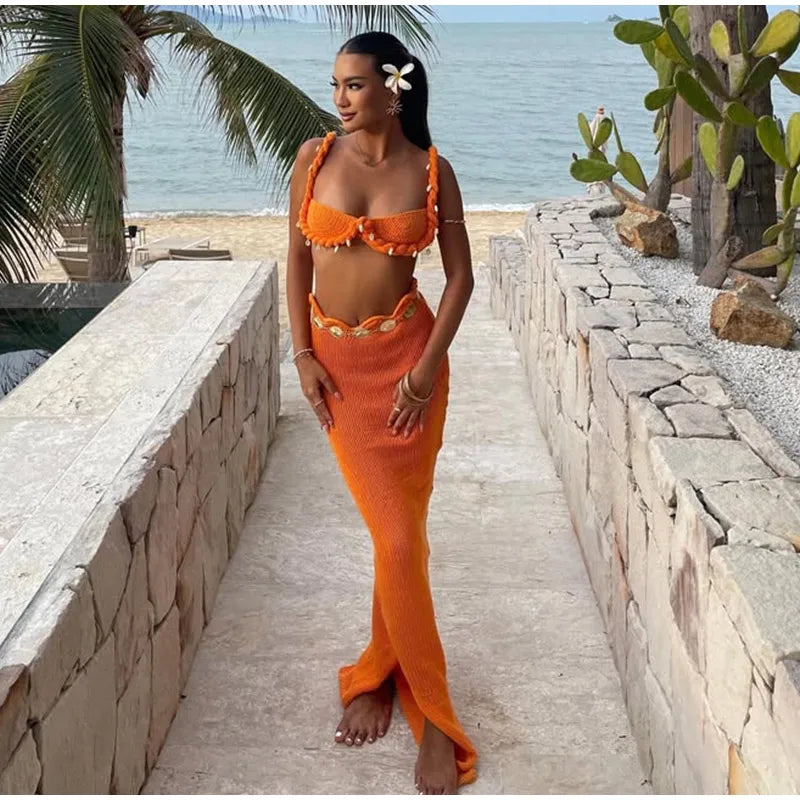 Shell Crop Tops Suit With Split Long Skirt