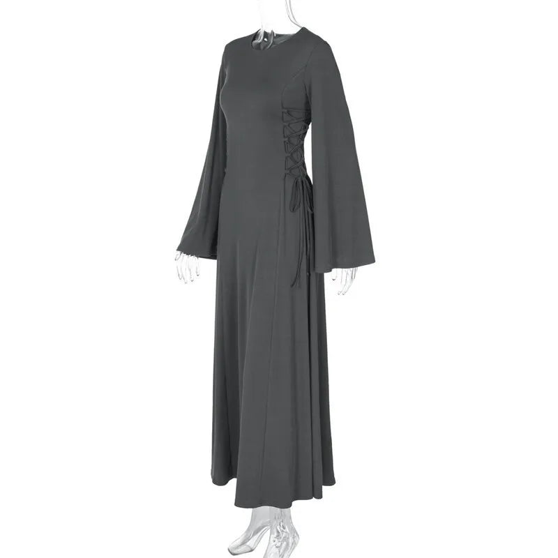 Ribbed Solid Lace-up Long Sleeve Dress