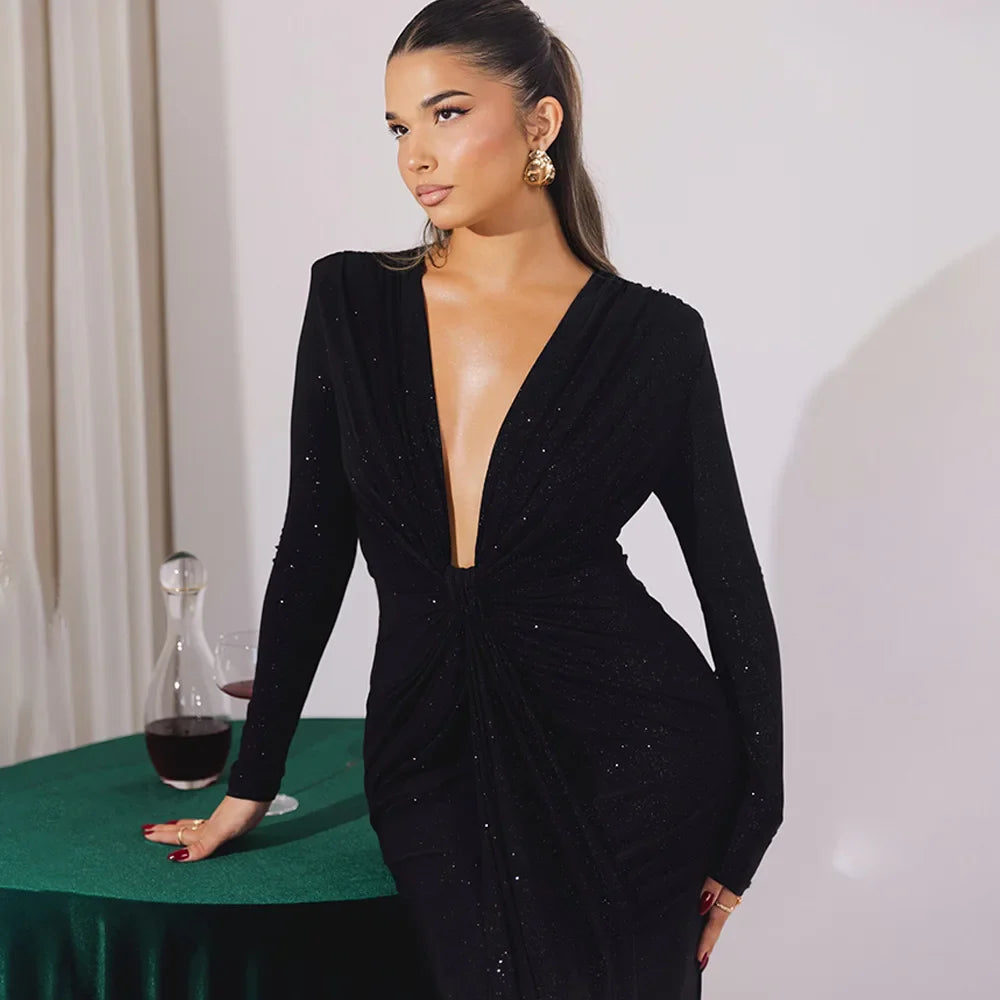 Elastic Deep V-Fold Lace Maxi Dress