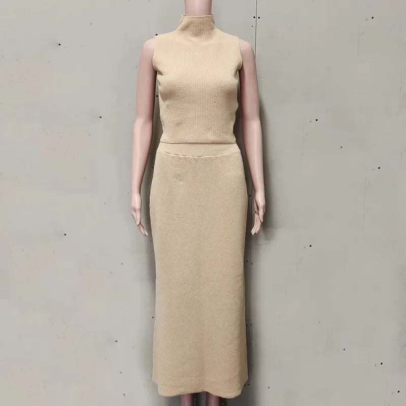 Solid Knit Sleeveless Top Long Skirt Set