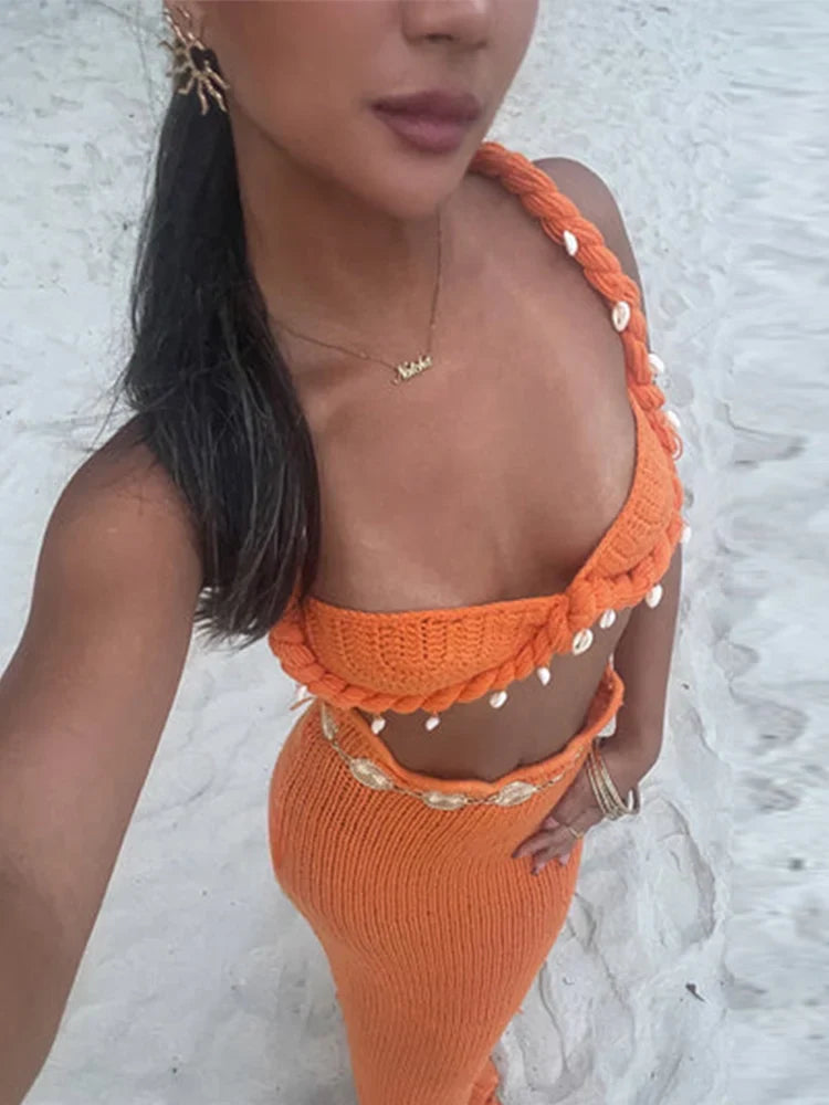 Shell Knitted Halter Top Split Fishtail Skirt Set