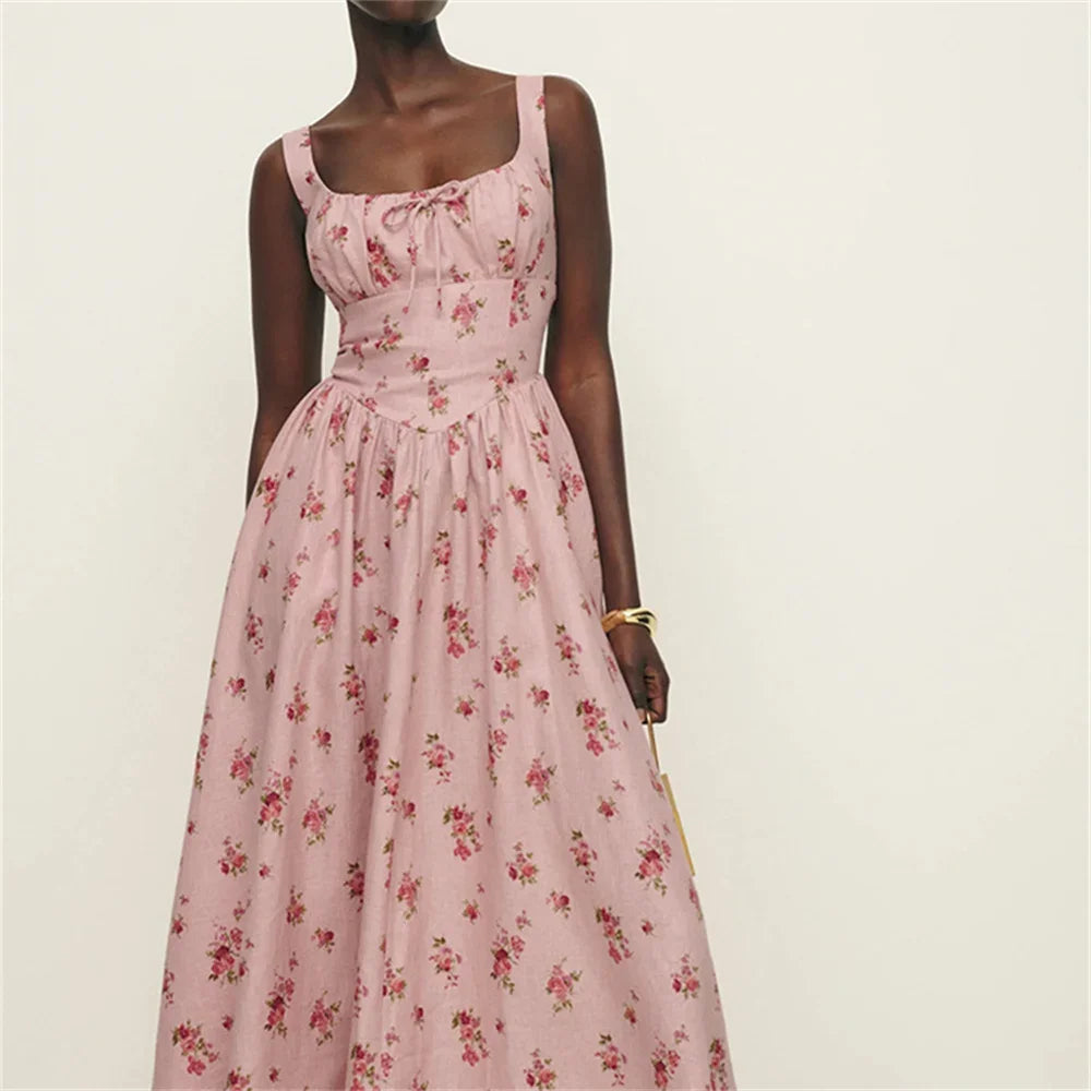 Floral Print Linen Square Collar Lace Up Mid Length Dress