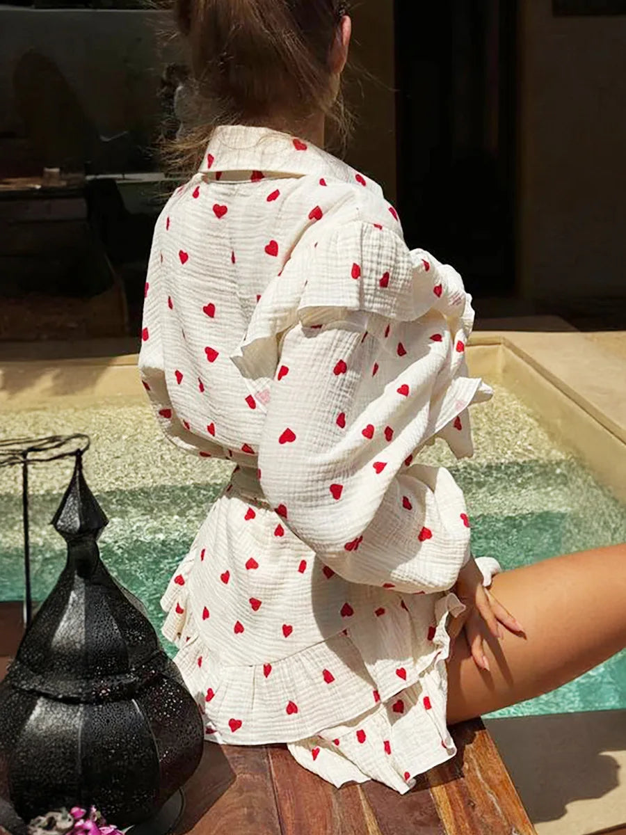 Ruffled Printed Long Sleeve Top and Shorts Sets