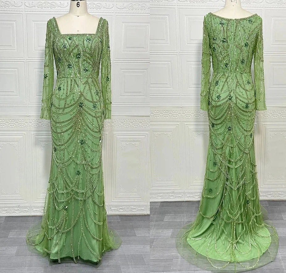 Green Mermaid Beaded Square collar Formal Long Gowns