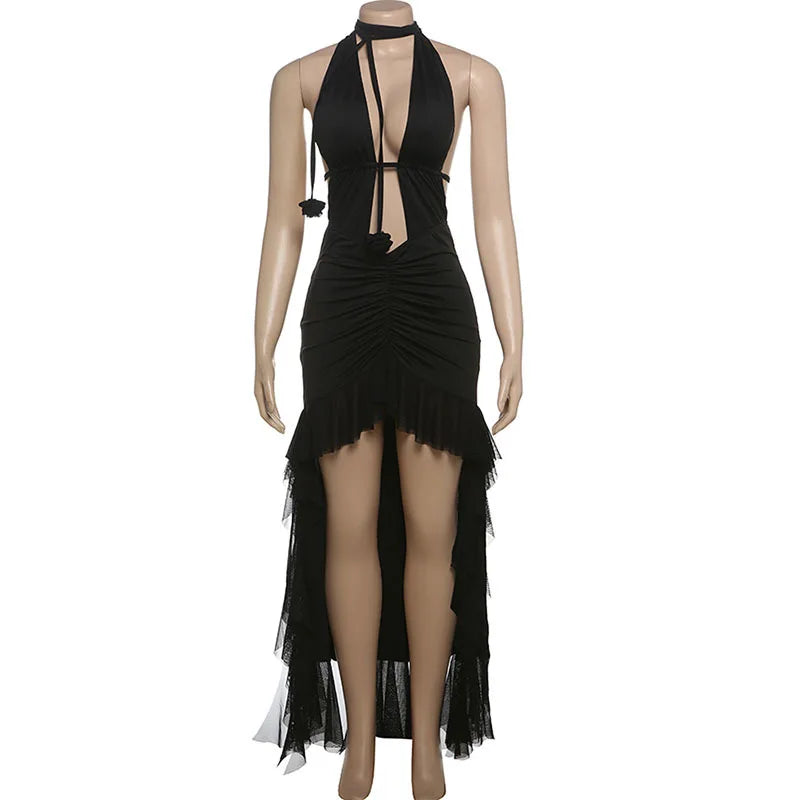 Black Deep Neck Open Back  Ruffled Maxi Dress