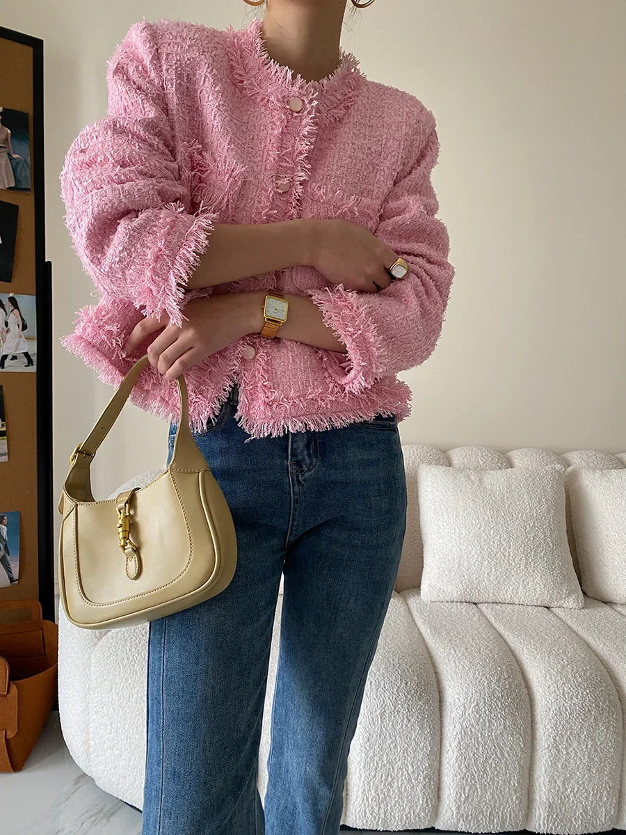Pink Fringe Fur Shoulder Pad Tweed Blazer