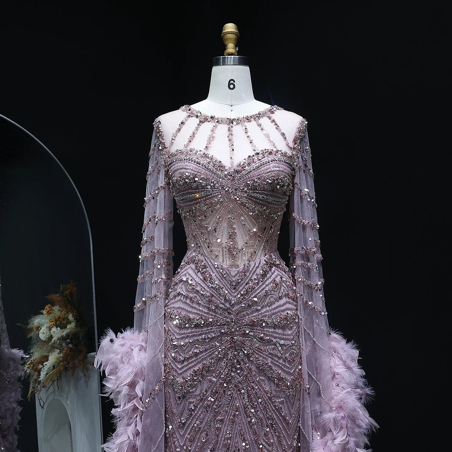 Beaded Mermaid Evening Dress with Feather Cape Sleeves