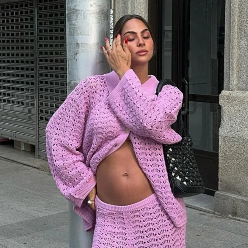 Hollow Out Sweater and Pants Knitting Cardigan Set