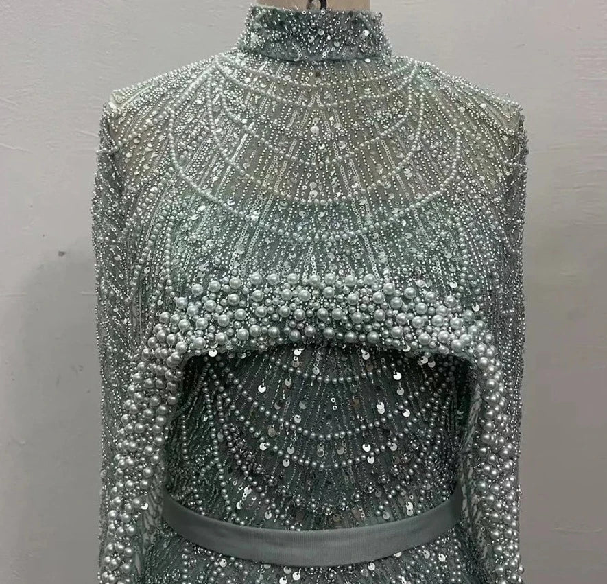 Pearls Mermaid Wedding Party Prom Dresses With Cape
