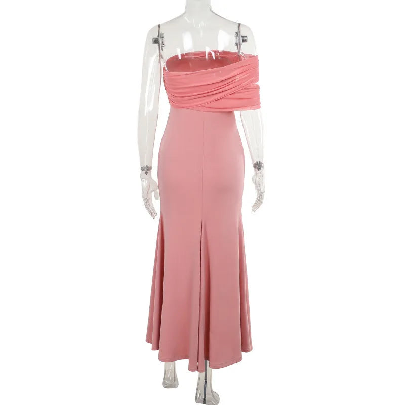 Solid One Shoulder Mesh Slit Long Dress