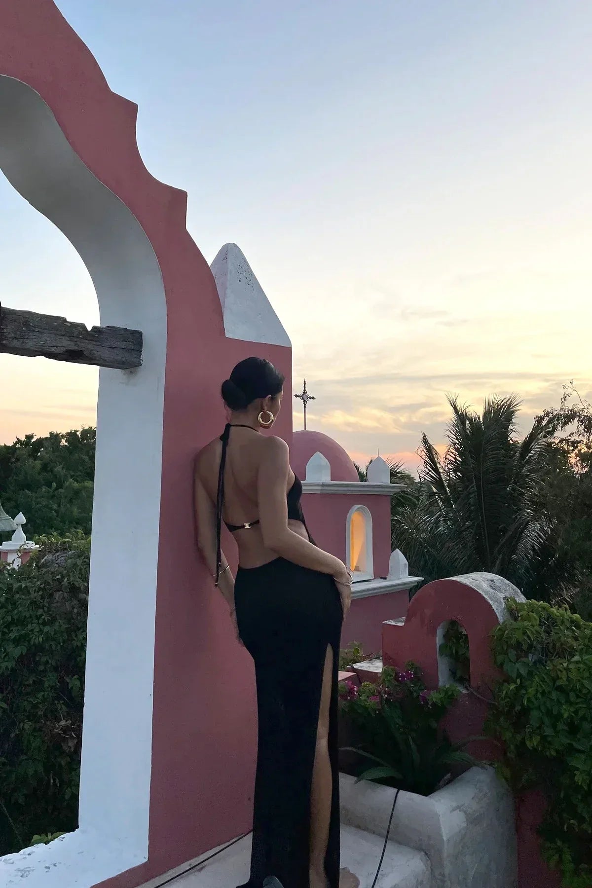 Solid Backless Halter Knit Slit Maxi Dress