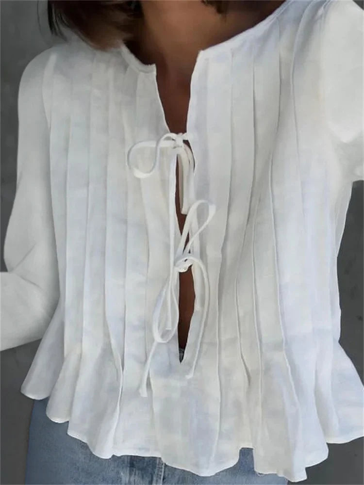 Patchwork Long Sleeve Lace-Up Top