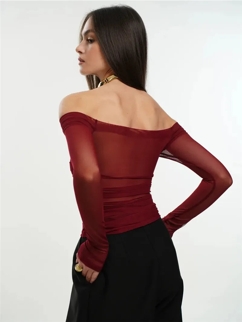 Mesh Off-shoulder Pleated Bust Strapless See Through Top