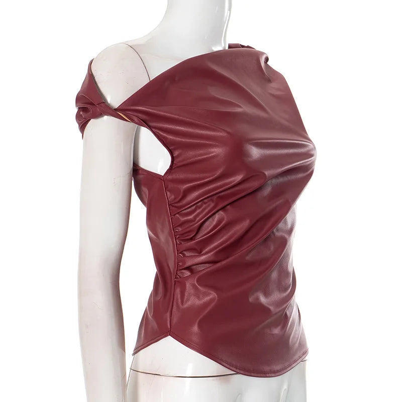 Skew Collar Leather Pleated Top