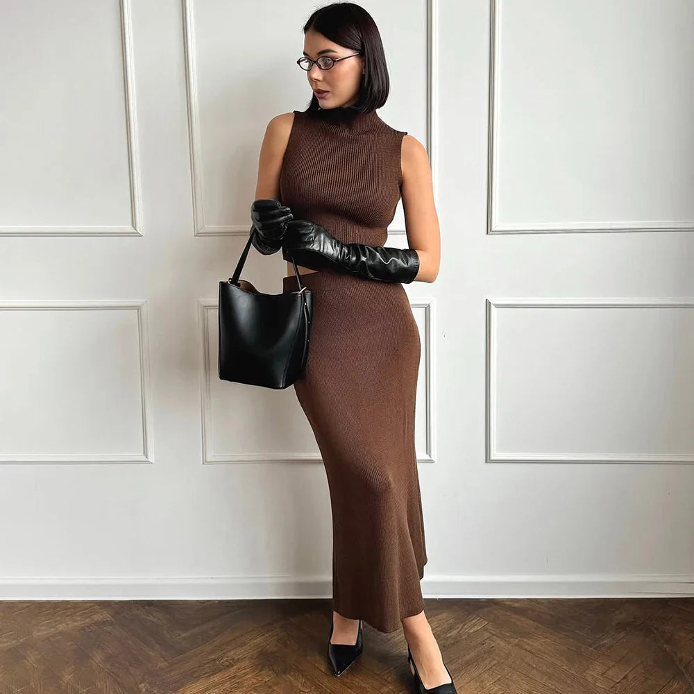 Solid Knit Sleeveless Top Long Skirt Set