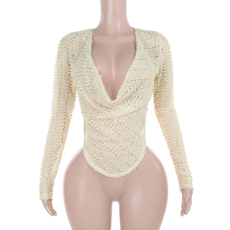 White Deep Cowl Neck Long Sleeve Top