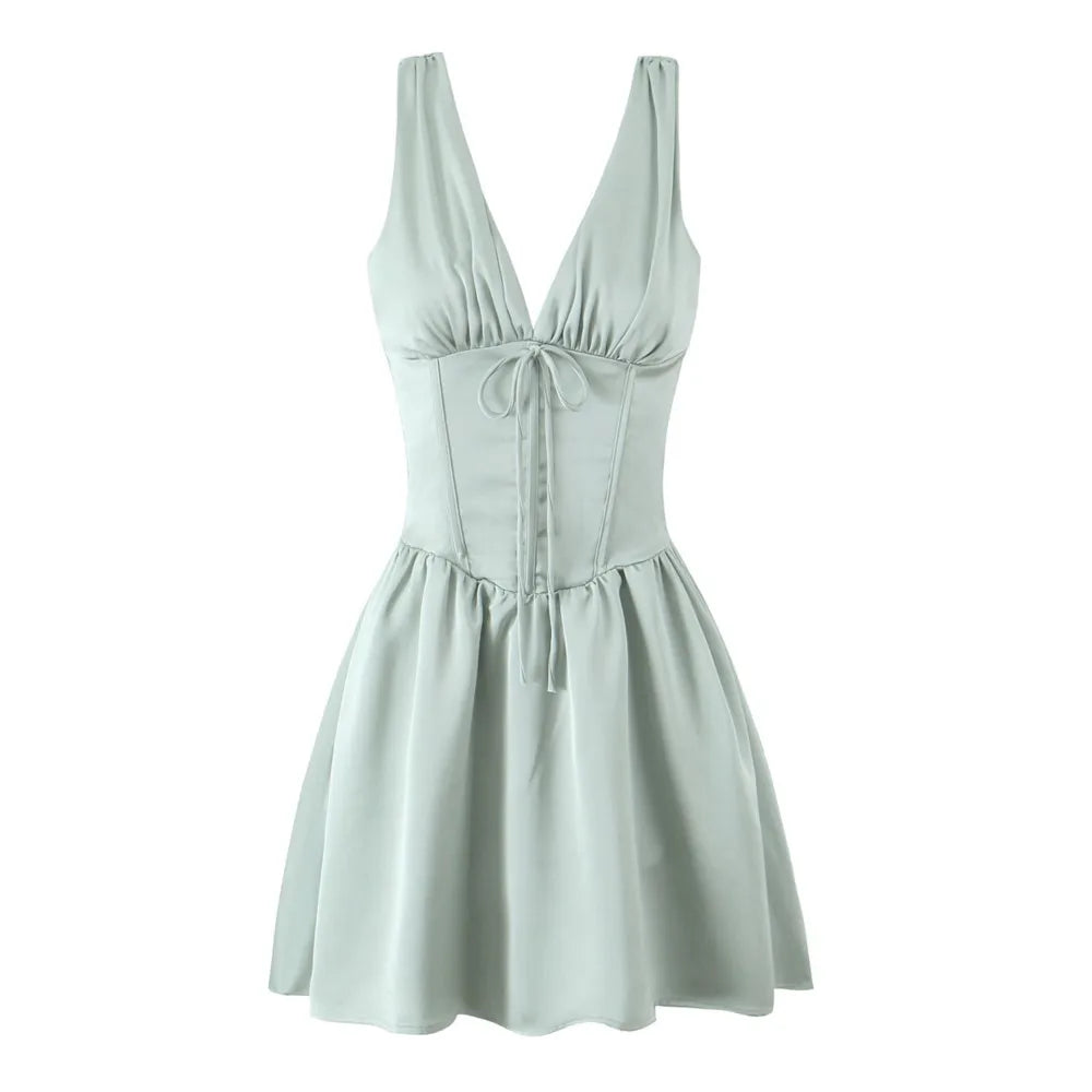 Stain Pleated Ruched Strap Bow Folds Hem Mini Dress
