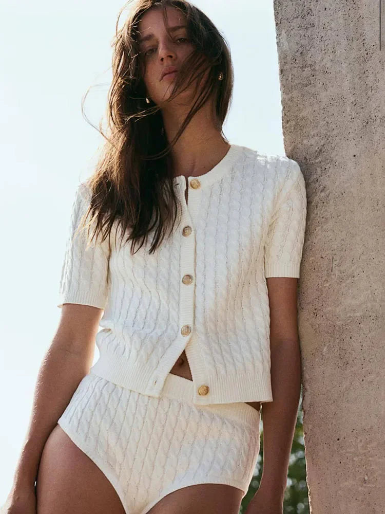 Twist Knitted Short Sleeve Sweater-Top