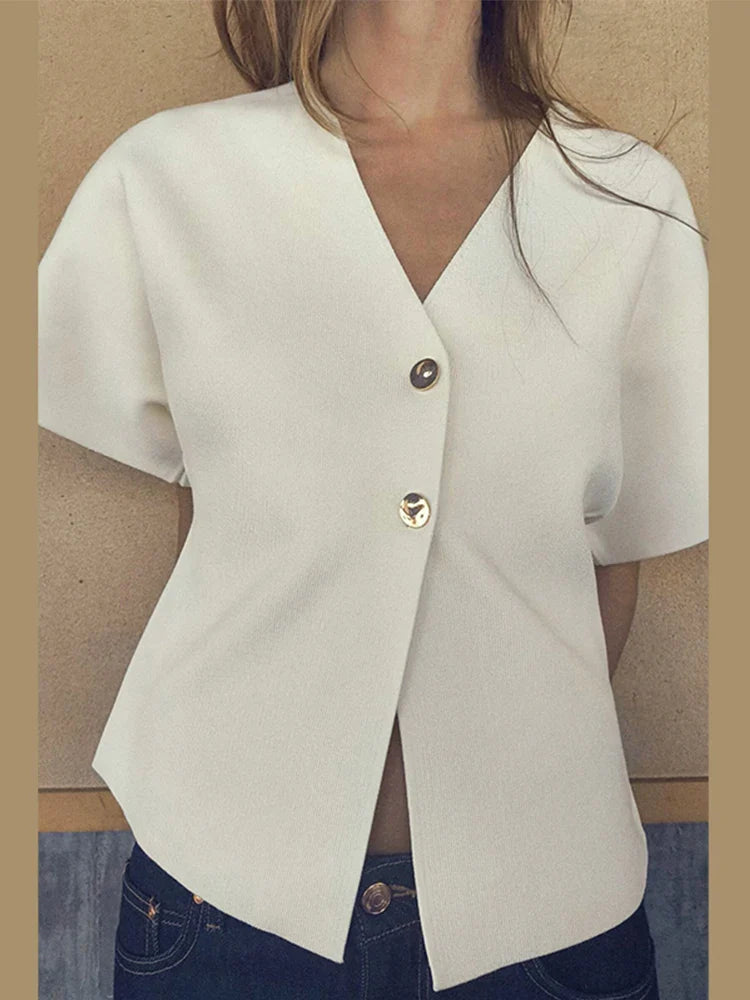 Knitted Flat Pin V-Neck Solid Short Sleeved Tops
