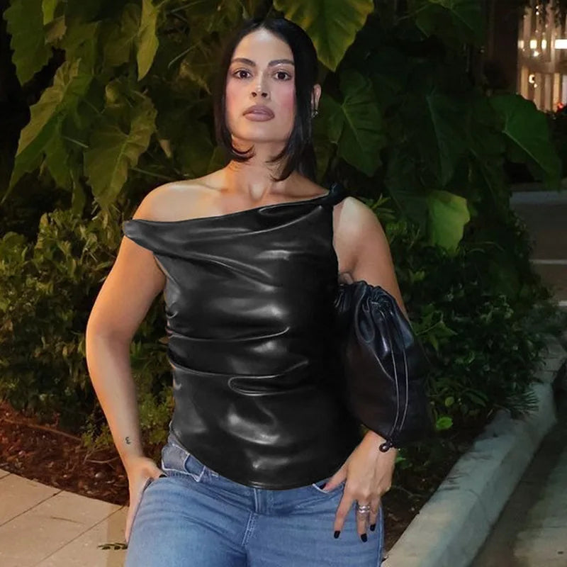 Skew Collar Leather Pleated Top