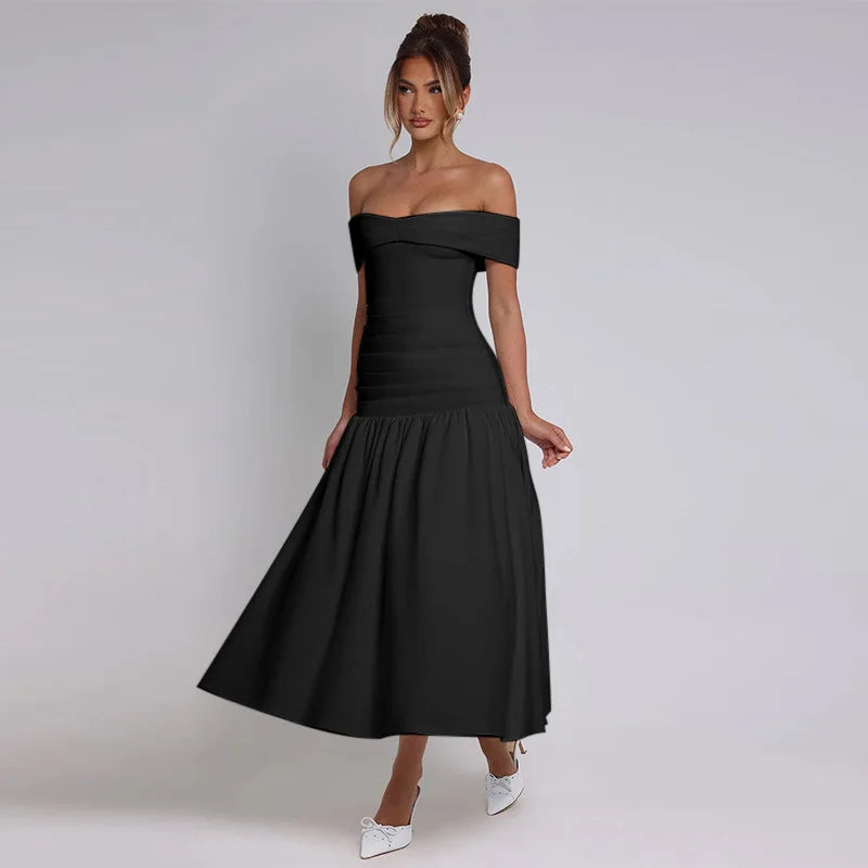 Slash Neck Off Shoulder Solid Dress