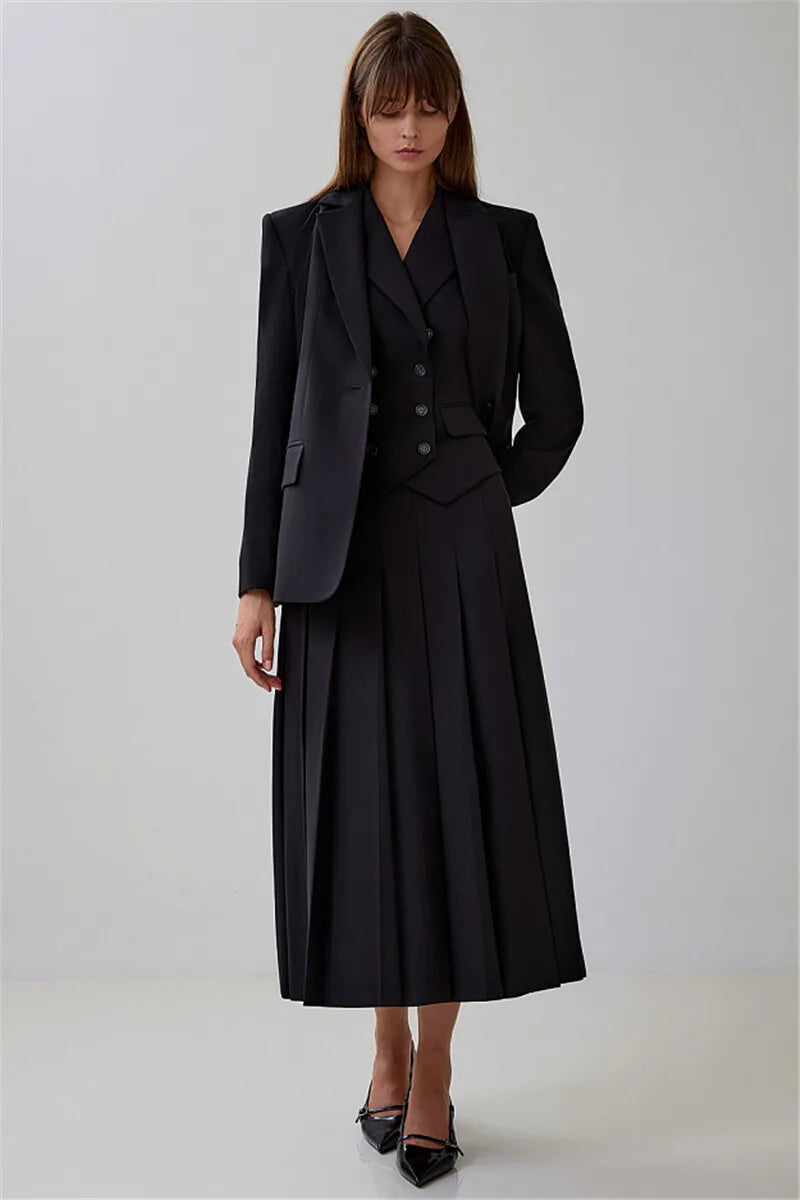 Notched Collar Pleated Skirt Suit Two Piece Sets