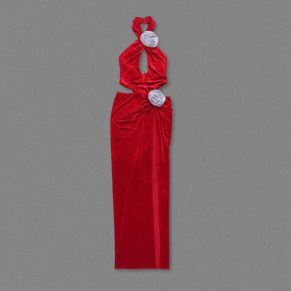 Red Velvet Maxi  3D Flower Evening Gown